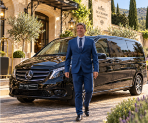 Van Mercedes Classe V avec chauffeur devant un hôtel de charme en Provence